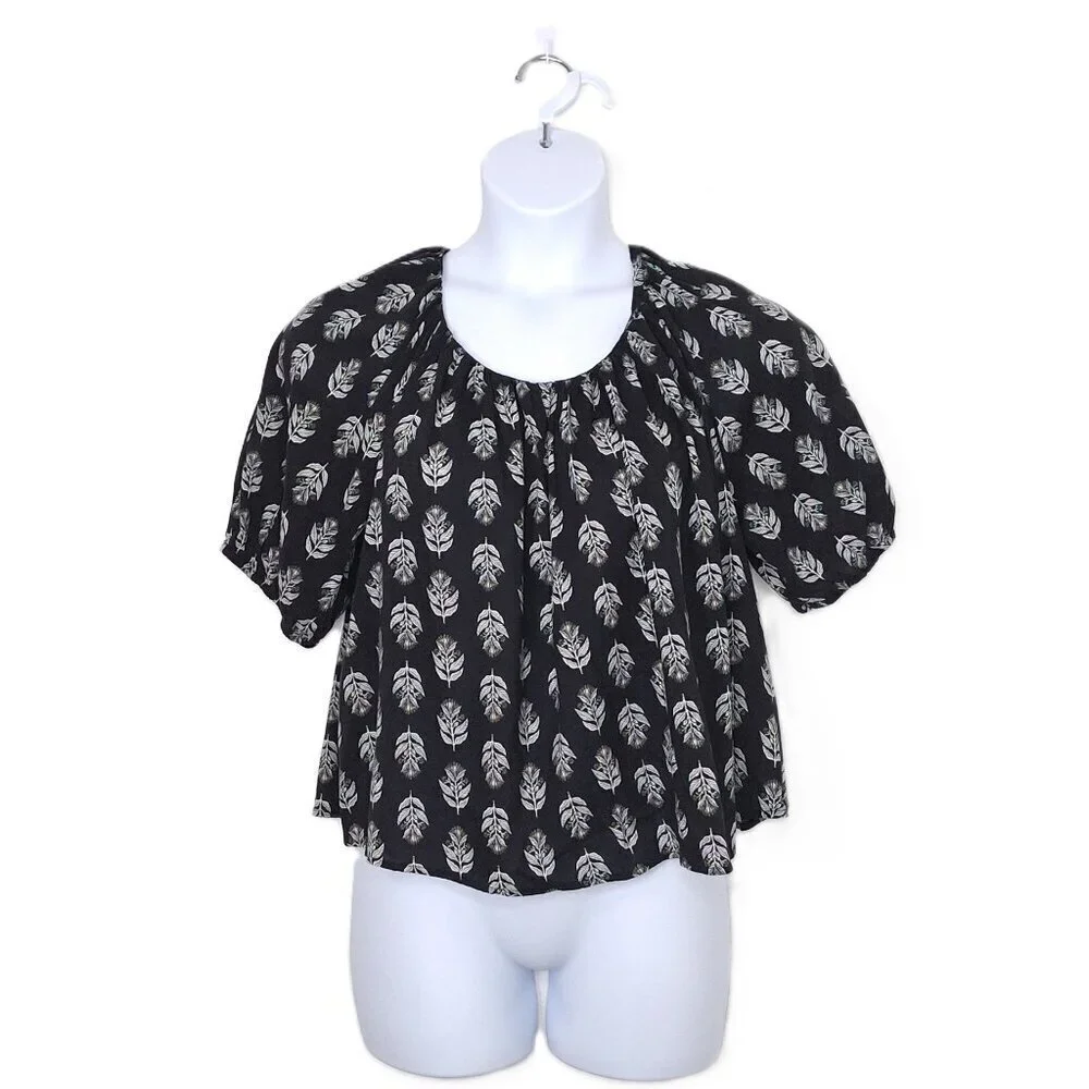 Old Navy Floral Blouse Sz L Puff Sleeve Flowy Tie Back Boho Coastal Neutral